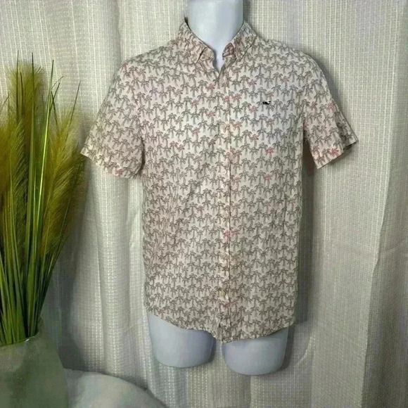 Vineyard Vines Button Up Shirt Boy’s Large Palm Trees Short Sleeve Logo Whale - Picture 1 of 11